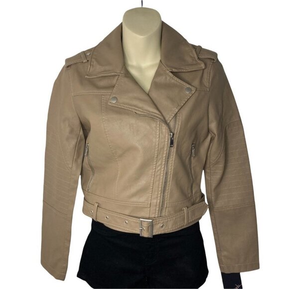 Collection B Faux Leather Belted Moto Jacket Brown Size Small - Picture 9 of 12